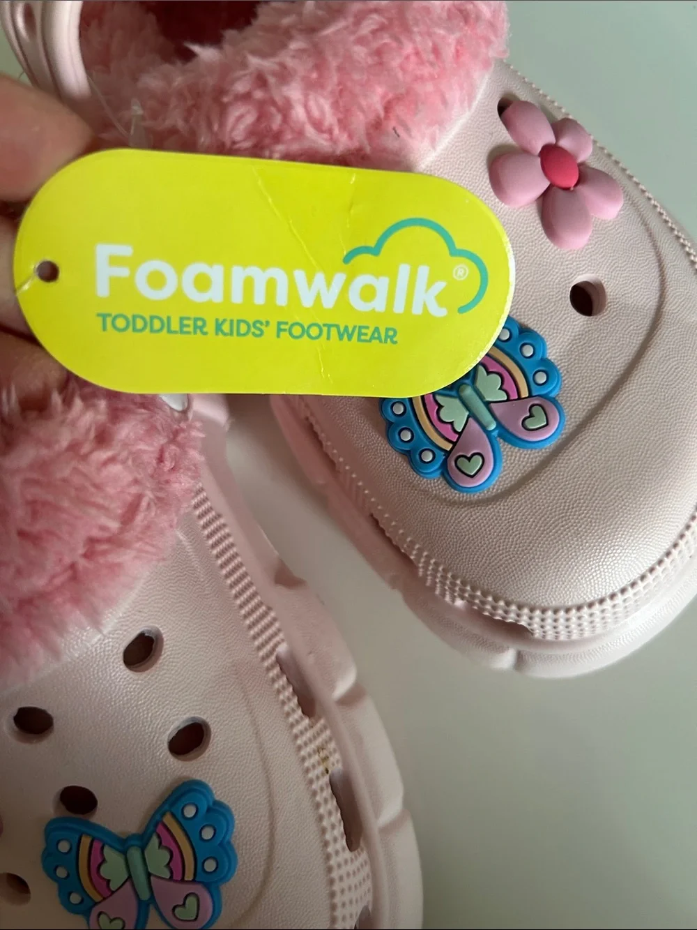 Foamwalk Kids Pink Fuzzy-Lined Slip-On Clogs with Butterfly Accent
